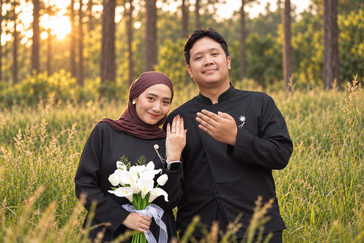 Lia dan Hary berpose bersama dengan buket bunga putih di antara pepohonan