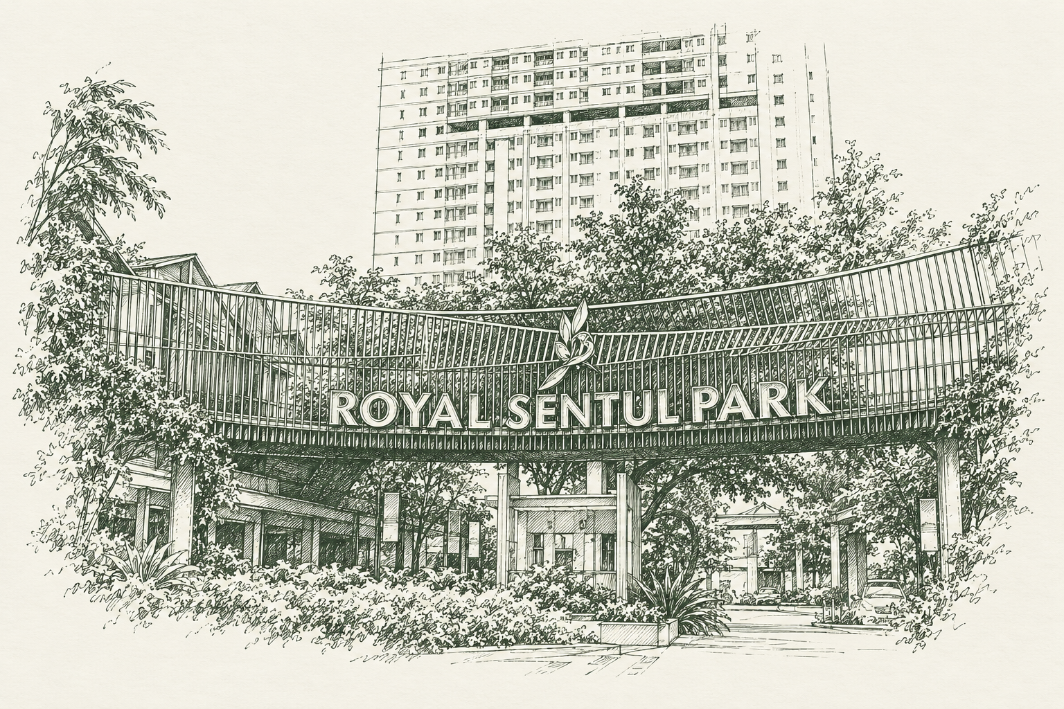 Ilustrasi sketsa pena gerbang Royal Sentul Park, diadaptasi dari foto referensi
